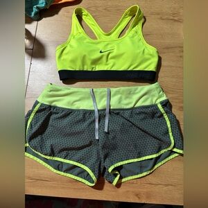 Nike Women's Neon Yellow and Gray Athletic Shorts and sport Bra